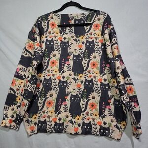 Cat Floral All Over Print Sweater Womens LARGE Multicolor V-Neck Knit Pullover